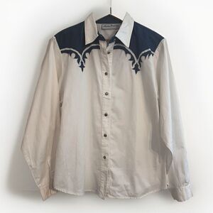 Vintage Adobe Rose Western White Cotton Blue Button Up Shirt Cowgirl 90’s XL